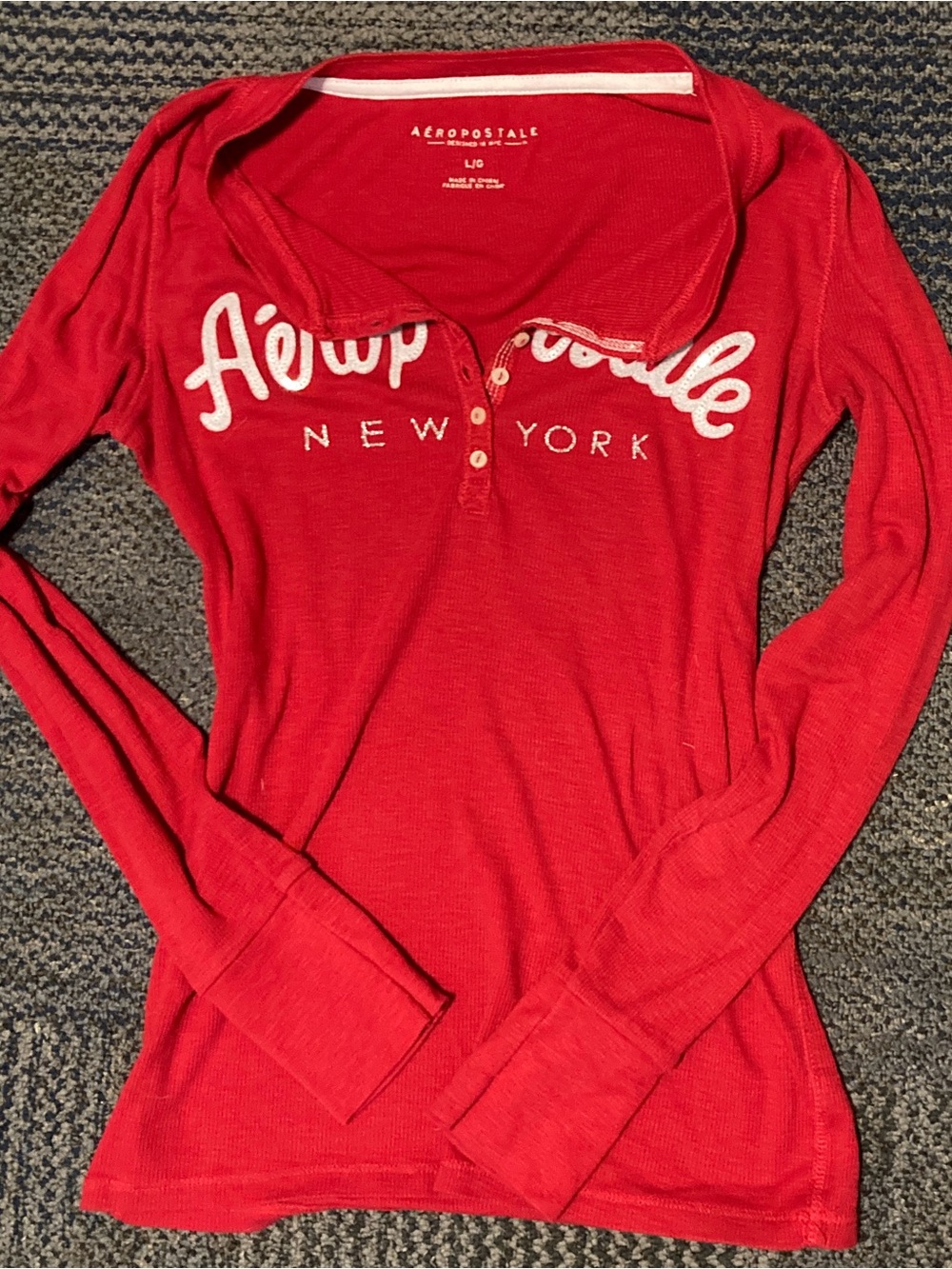 Aeropostale Red Long Sleeve Henley with White New York Script